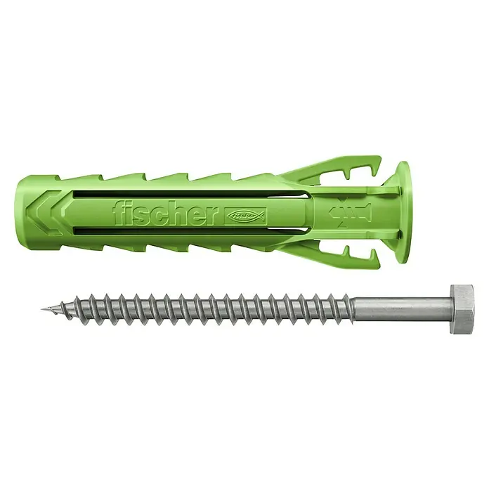 Fischer Spreizdübel SX Plus Green 10 x 50 S A2 K - Ø x L: 10 x 50 mm, Kunststoff, 4 Stk., Mit Rand, SW 13, Sechskantschraube - Fischer Dübel UX und Schraube für sichere Befestigungen in verschiedenen Baumaterialien, ideal für Heimwerkerprojekte und professionelle Anwendungen.