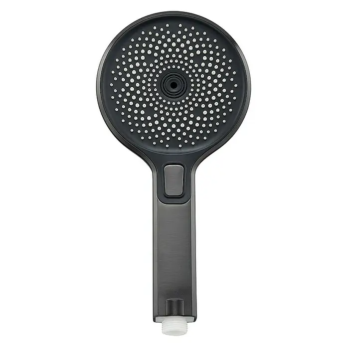 SCHÖNER WOHNEN-Kollektion Brausegarnitur Handbrause Biella Wassersparend Industrial - Art Strahl: Regenstrahl, Regen-Mix-Strahl, Massagestrahl, Grau - Nahaufnahme eines dunklen, handgehaltenen Duschkopfs mit spiralförmigen Düsen und einem hellen, schraubartigen Anschluss am Griffende.