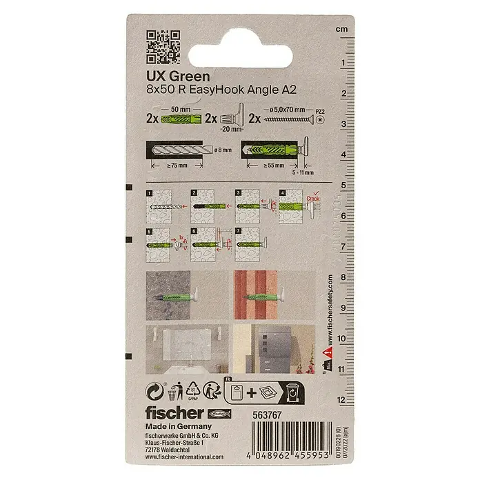 Fischer Universal-Dübel UX Green 8 x 50 R EasyHook Angle A2 K - Ø x L: 8 x 50 mm, Nylon, 2 Stk., PZ 2, Spanplattenschraube - Bild der UX Green 8x50 R EasyHook Angle A2-Befestigungspackung, die die Produktmerkmale und Gebrauchsrichtlinien hervorhebt.