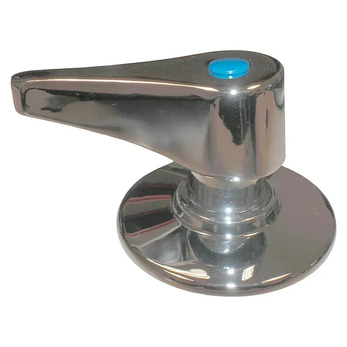 Isoltubex Mando para válvula palanca - Cromo - Primer plano de un brillante grifo con un botón azul, sobre una superficie blanca.