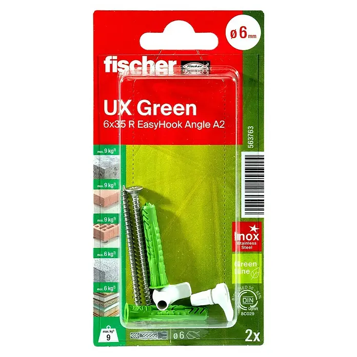 Fischer Universal-Dübel UX Green 6 x 35 R EasyHook Angle A2 K - Ø x L: 6 x 35 mm, Nylon, 2 Stk., PZ 2, Spanplattenschraube - Bild einer Packung Fischer UX Green Dübel, 6x35 R EasyHook Winkel A2, geeignet für verschiedene Materialien mit einer max. Last von 9 kg.