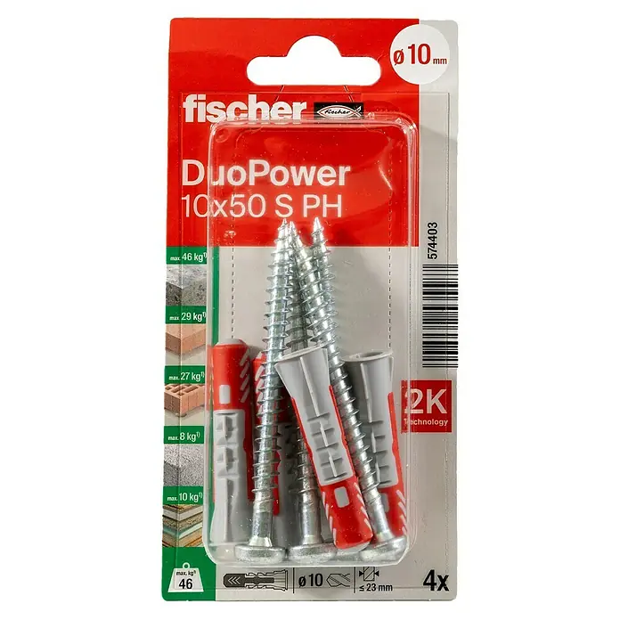 Fischer Duopower Universaldübel 10 x 50 S PH K - Ø x L: 10 x 50 mm, Nylon, 4 Stk., Mit Rand - Fischer DuoPower Dübel 10x50 S PH, eine vielseitige Befestigungslösung für verschiedene Materialien, ideal für Heimwerkerprojekte.