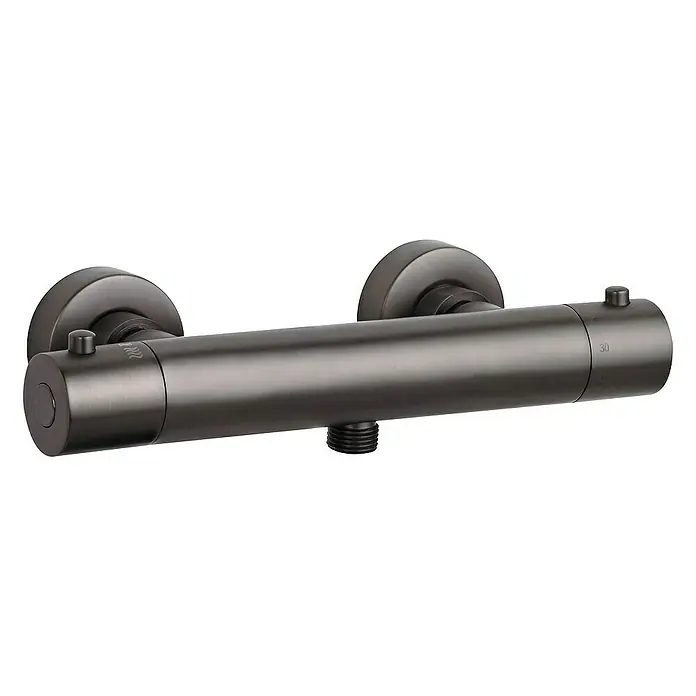 SCHÖNER WOHNEN-Kollektion Brausegarnitur Dusch-Thermostat Dicu Eco-Stop Industrial - Grau - Nahaufnahme einer Thermostat-Brausearmatur in dunklem Farbton, die modernes Design und Funktionalität vereint.