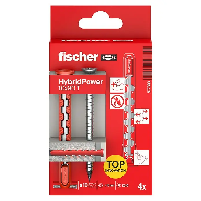 Fischer Universaldübel HybridPower 10 x 90 T K - Ø x L: 10 x 90 mm, Metall, 4 Stk., Senkkopfschraube - Ein roter Karton Fischer HybridPower 10x90 T Dübel, mit den dazugehörigen Schrauben, die für Befestigungen verwendet werden.