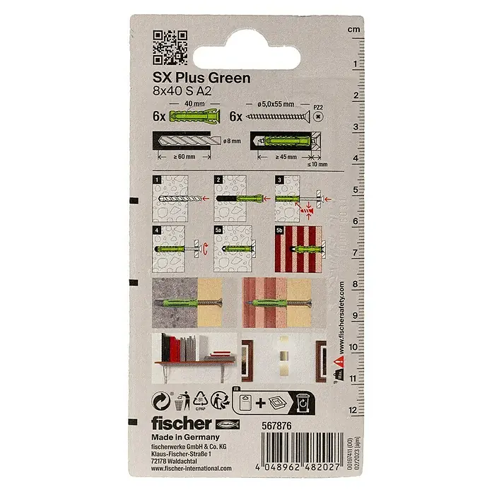 Fischer Spreizdübel SX Plus Green 8 x 40 S A2 K - Ø x L: 8 x 40 mm, Kunststoff, 10 Stk., Mit Rand, PZ 2, Spanplattenschraube - Abbildung der SX Plus Green 8x40 S A2 Dübelverpackung mit Anwendungshinweisen und Produktdetails.