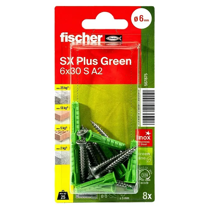 Fischer Spreizdübel SX Plus Green 6 x 30 S A2 K - Ø x L: 6 x 30 mm, Kunststoff, 8 Stk., Mit Rand, PZ 2, Spanplattenschraube - Bild einer Packung Fischer SX Plus Green Dübel 6x30 S A2, ideal für Befestigungen in verschiedenen Materialien, mit Schrauben und einer Traglast von bis zu 25 kg.