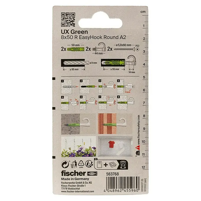 Fischer Universal-Dübel UX Green 8 x 50 R EasyHook Round A2 K - Ø x L: 8 x 50 mm, Nylon, 2 Stk., PZ 2, Spanplattenschraube - Packungsrückseite des UX Green 8x50 R EasyHook Round A2, die Details und Anweisungen zum Produkt zeigt.