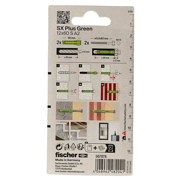 Fischer Spreizdübel SX Plus Green 12 x 60 S A2 K - Ø x L: 12 x 60 mm, Kunststoff, 2 Stk., Mit Rand, Sechskantschraube - Bild der Rückseite der fischer SX Plus Green Dübelverpackung mit Montageanleitung und Produktdetails.