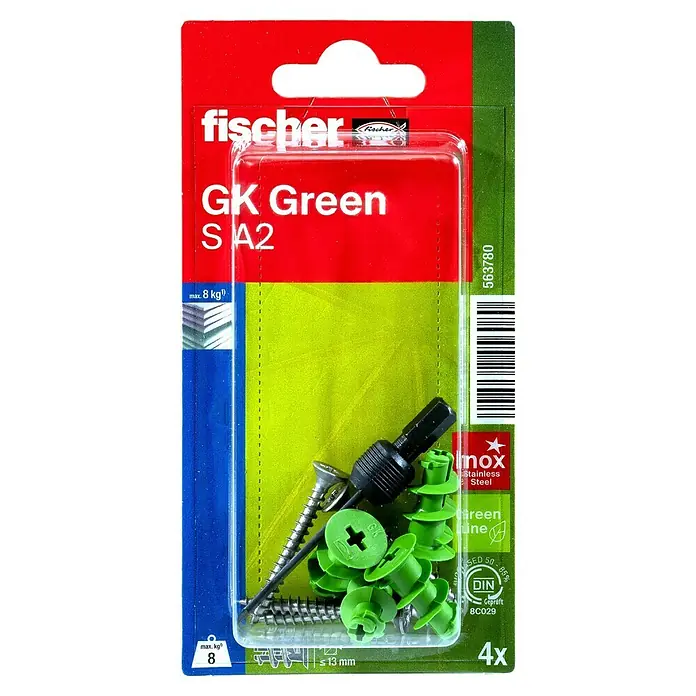 Fischer Gipskartondübel GK Green S A2 K - Belastbarkeit: 8 kg, 4 Stk., Kunststoff - Fischer GK Green S A2 Dübelpackung mit Schrauben und Montage-Bit, geeignet für Gipskartonplatten. Maximale Last: 8 kg.