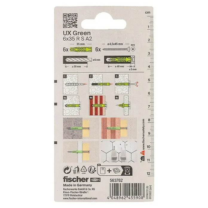 Fischer Universaldübel UX Green 6X35 R S A2K - Ø x L: 6 x 35 mm, Nylon, 6 Stk., Mit Rand, PZ 2, Spanplattenschraube - Verpackung der Fischer UX Green 6x35 R S A2 Universaldübel, inklusive Größenangaben und Montageanleitung für verschiedene Materialien.