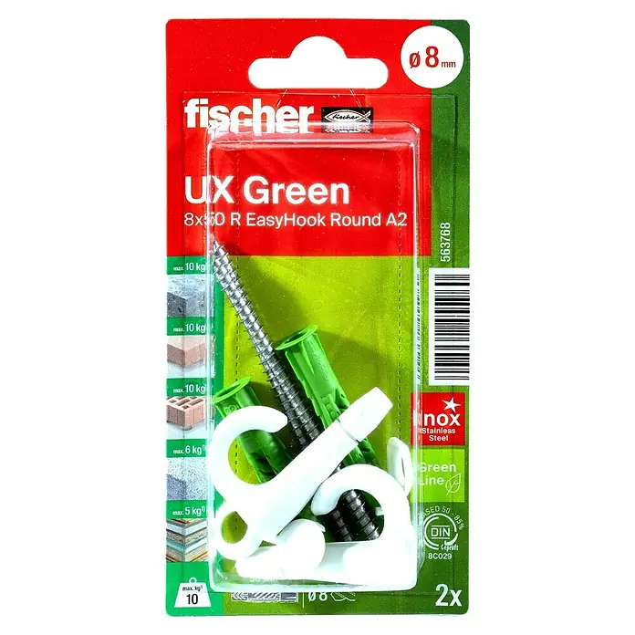 Fischer Universal-Dübel UX Green 8 x 50 R EasyHook Round A2 K - Ø x L: 8 x 50 mm, Nylon, 2 Stk., PZ 2, Spanplattenschraube - Abbildung einer Fischer UX Green 8x60 R EasyHook Round A2-Packung, ideal zum Aufhängen von Gegenständen.