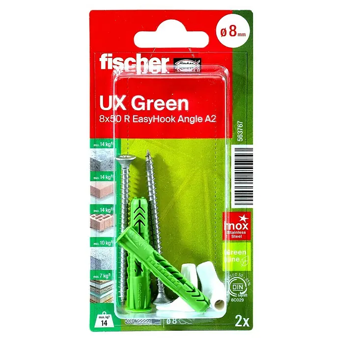 Fischer Universal-Dübel UX Green 8 x 50 R EasyHook Angle A2 K - Ø x L: 8 x 50 mm, Nylon, 2 Stk., PZ 2, Spanplattenschraube - Bild einer fischer UX Green 8x50 R EasyHook Winkel A2-Befestigungspackung mit Dübeln und Schrauben, geeignet für diverse Materialien.