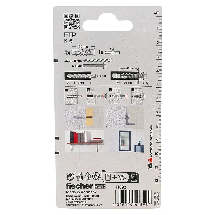 Fischer Porenbetonanker FTPK 6 K - M 6, Länge Dübel: 50 mm, 4 Stk. - Abbildung der Fischer FTP K 6 Universaldübel-Verpackung mit Schrauben und Montageanleitung.