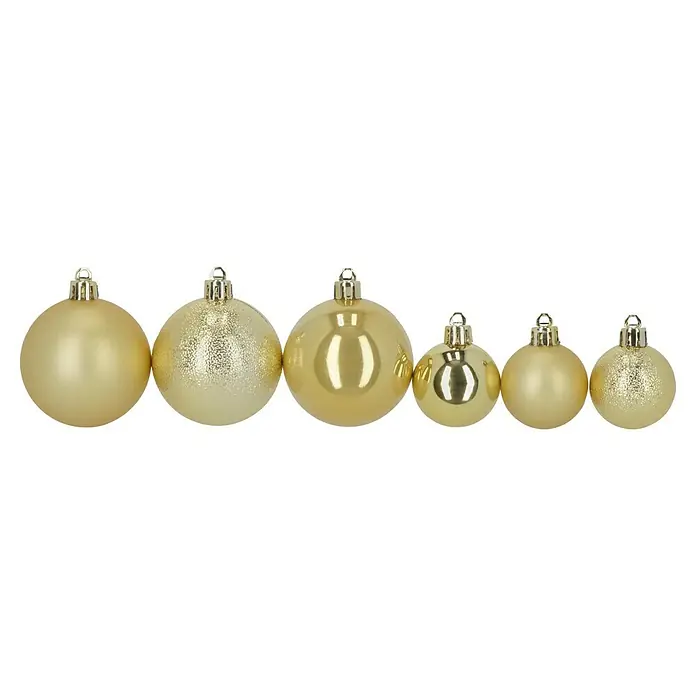Weihnachtskugeln - Gold, Kunststoff, Durchmesser: 4 cm - 6 cm, 50 Stk. - Nahaufnahme von sechs goldenen Weihnachtskugeln mit unterschiedlichen Oberflächen, die festlich und elegant wirken.