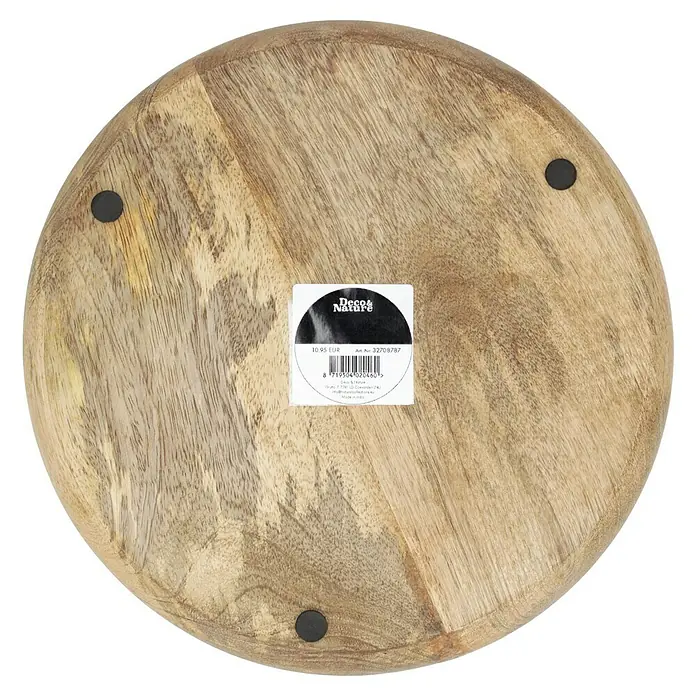 Deko-Tablett Rentier - Durchmesser: 28 cm, Holz - Nahaufnahme der Unterseite eines runden Serviertabletts aus Mangoholz mit Etikett und Füßen.