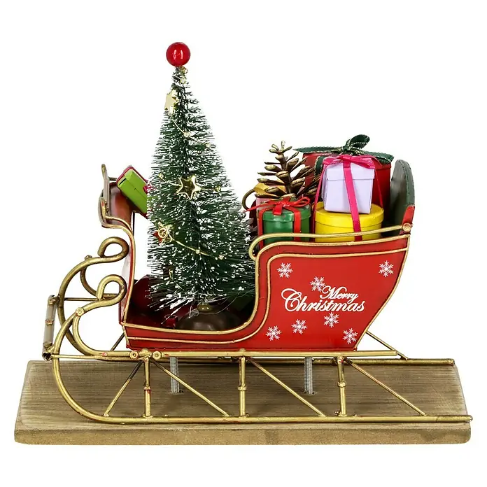 Dekofigur Weihnachtsschlitten - L x B x H: 22 x 10,5 x 18 cm, Metall - Ein festlicher roter Schlitten mit Weihnachtsbaum und Geschenken, ein dekoratives Element für die Weihnachtszeit.