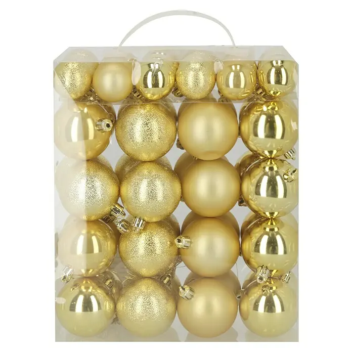 Weihnachtskugeln - Gold, Kunststoff, Durchmesser: 4 cm - 6 cm, 50 Stk. - Nahaufnahme einer transparenten Box gefüllt mit goldenen Weihnachtskugeln in verschiedenen Ausführungen, die festliche Eleganz ausstrahlen.