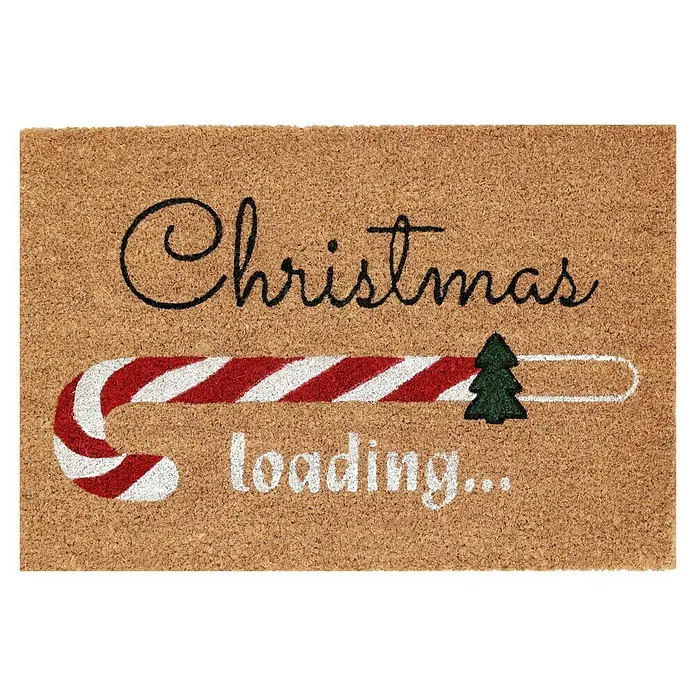 Fußmatte - 60 x 40 cm, Braun/Rot, Material Nutzschicht: 100 % Kokos, X-Mas Loading, Kokos - Fußmatte mit der Aufschrift "Christmas loading..." und einem Zuckerstangen-Ladebalken mit Weihnachtsbaum, ideal für die festliche Jahreszeit.