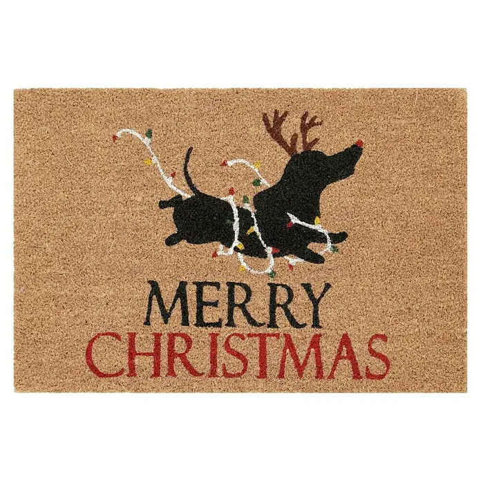 Fußmatte - 60 x 40 cm, Braun/Schwarz, Material Nutzschicht: 100 % Kokos, Dackel X-Mas, Kokos - Eine Fußmatte mit einem Dackel mit einem Geweih und Lichtern, mit der Aufschrift „Merry Christmas“.