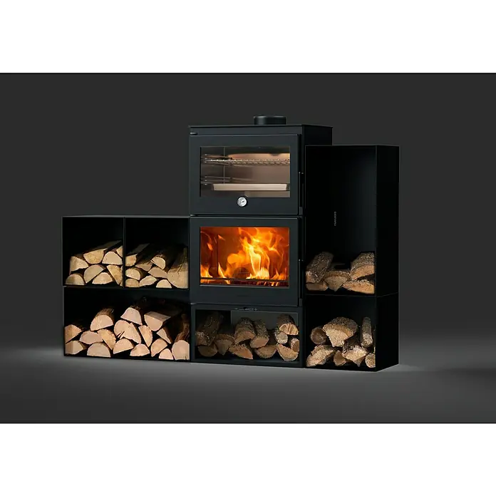 Panadero Leñero - L x An x Al: 33 x 33 x 33 cm, Acero, Negro - La chimenea Panadero con compartimentos para leña es un aparato de calefacción elegante y práctico. Ofrece calor eficiente y almacenamiento integrado para leña.