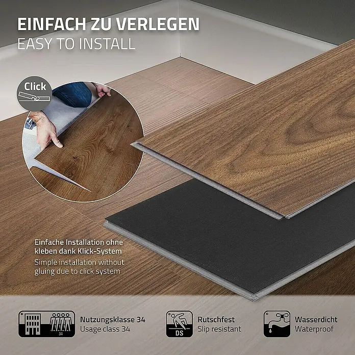 ML-Design Vinylboden 2x Paket Vinylboden (14 Stück = 3,08 m²) - Braun, Landhausdiele, 122 cm x 18 cm x 4,2 mm - Bild von einfach zu verlegendem Laminat mit Klicksystem, Nutzungsklasse 34, rutschfest und wasserdicht.