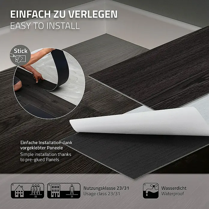 ML-Design Vinylboden 4 x Paket Klebevinylboden ( 64 Stück = 8,92 m² ) - Dunkelgrau, Landhausdiele - Bild von selbstklebenden Vinyl-Bodenfliesen in dunkler Holzoptik, die einfach zu verlegen und wasserdicht sind.