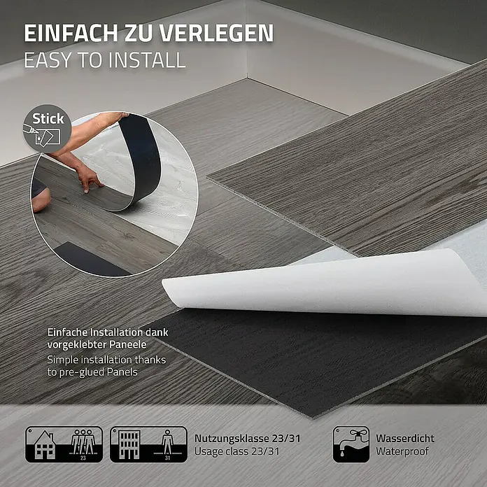 ML-Design Vinylboden 4 x Paket Klebevinylboden ( 64 Stück = 8,92 m² ) - Grau, Landhausdiele - Bild von einfach zu verlegenden, wasserdichten Paneelen mit Klebefläche für eine problemlose Installation.