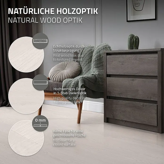 ML-Design Vinylboden 3 x Paket Klebevinylboden ( 48 Stück = 6,69 m² ) - Weiß, Landhausdiele - Bild von Bodenbelägen mit natürlicher Holzoptik, die sich durch eine hochwertige Verarbeitung und eine geschlossene Oberfläche auszeichnen.