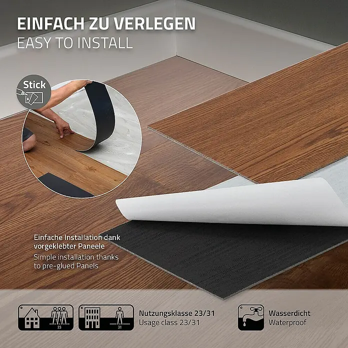 ML-Design Vinylboden 1 x Paket Klebevinylboden ( 16 Stück = 2,23 m² ) - Braun, Landhausdiele - Bild von selbstklebenden Vinyl-Bodenfliesen in Holzoptik, die einfach zu verlegen sind und wasserdicht.