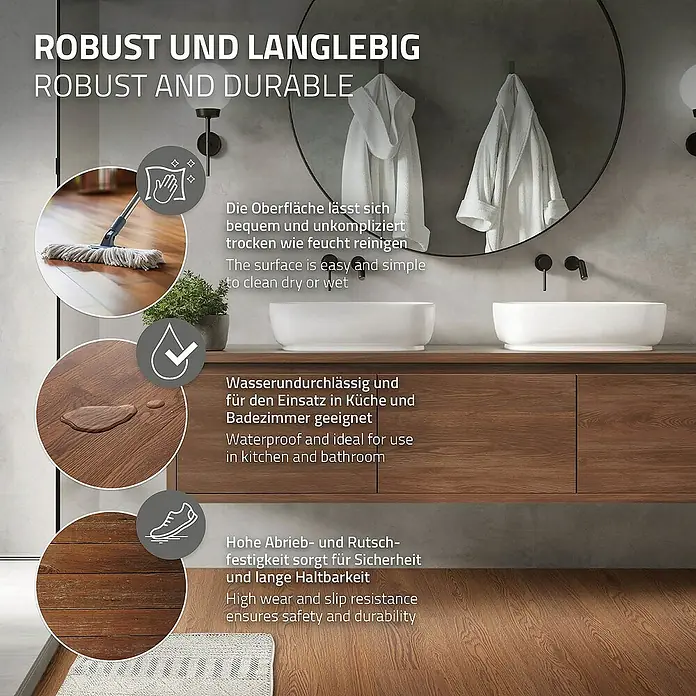 ML-Design Vinylboden 1 x Paket Klebevinylboden ( 16 Stück = 2,23 m² ) - Braun, Landhausdiele - Das Bild zeigt ein robustes und langlebiges Produkt, das wasserdicht, leicht zu reinigen und rutschfest ist. Ideal für Küche und Bad.
