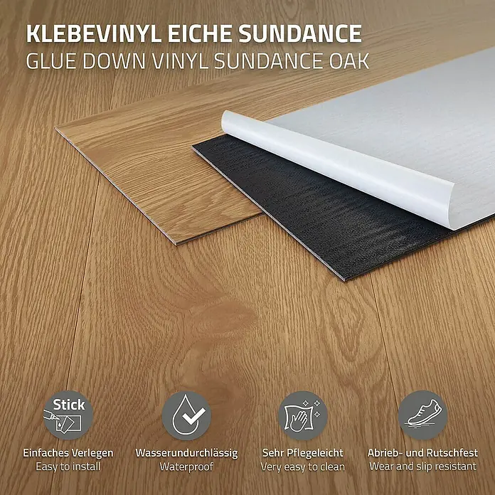 ML-Design Vinylboden 3 x Paket Klebevinylboden ( 48 Stück = 6,69 m² ) - Braun, Landhausdiele - Klebevinyl Eiche Sundance: Selbstklebende Vinylbodenfliese in Eiche-Optik, einfach zu verlegen, wasserfest und pflegeleicht für ein schönes Zuhause.