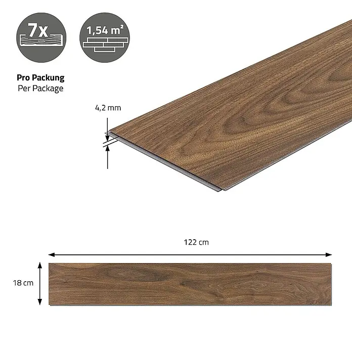 ML-Design Vinylboden 3 x Paket Vinylboden (21 Stück = 4,62 m²) - Braun, Landhausdiele, 122 cm x 18 cm x 4,2 mm - Abbildung eines Paneels mit den Maßen 122 cm Länge, 18 cm Breite und 4,2 mm Dicke. 7 Stück pro Packung, 1,54 m² Fläche.