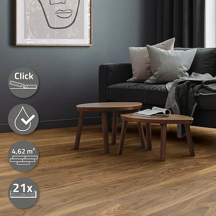 ML-Design Vinylboden 3 x Paket Vinylboden (21 Stück = 4,62 m²) - Braun, Landhausdiele, 122 cm x 18 cm x 4,2 mm - Brauner Laminatboden mit Holzstruktur. Das Produkt ist wasserabweisend und einfach zu verlegen dank Klick-System.