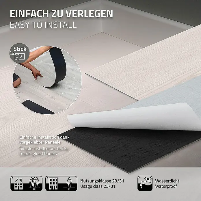 ML-Design Vinylboden 1 x Paket Klebevinylboden ( 16 Stück = 2,23 m² ) - Weiß, Landhausdiele - Bild von selbstklebenden Vinyl-Bodenfliesen, die einfach zu verlegen und wasserdicht sind.