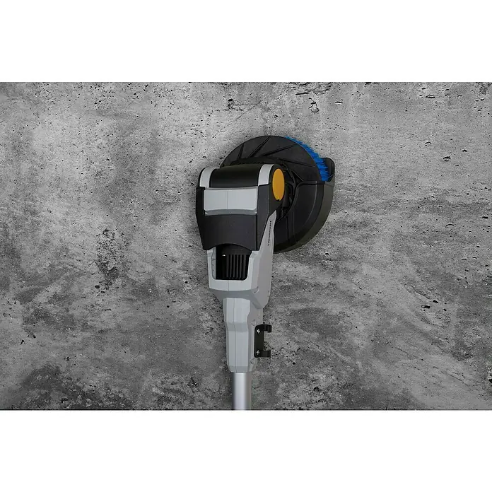 Batavia Maxxpack Wandhalterung - Kunststoff, Passend für: Batavia Akku-Reinigungsbürste Twin Brush - Bürstenstaubsauger für die Wandmontage, Twin Brush mit blauem Borstenkopf und grauem Gehäuse vor grauem Hintergrund.