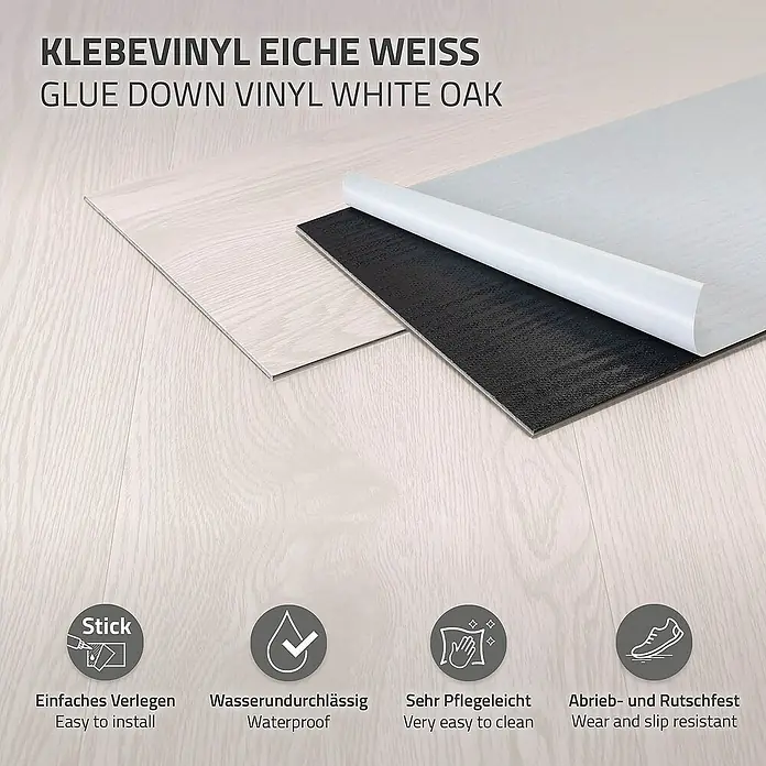 ML-Design Vinylboden 5 x Paket Klebevinylboden ( 80 Stück = 11,15 m² ) - Weiß, Landhausdiele - Nahaufnahme von selbstklebenden Vinyl-Fliesen in Eiche Weiß, die einfach zu verlegen, wasserdicht und sehr pflegeleicht sind.