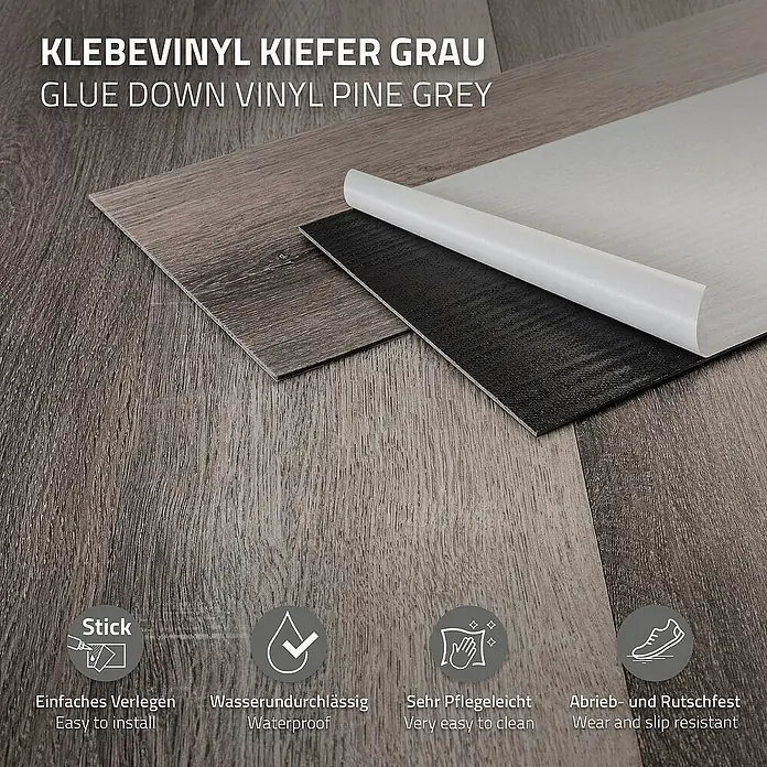 ML-Design Vinylboden 2 x Paket Klebevinylboden ( 32 Stück = 4,46 m² ) - Grau, Landhausdiele - Bild von selbstklebendem Vinylboden in Kiefer Grau, der einfach zu verlegen, wasserdicht und pflegeleicht ist.