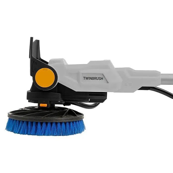 Batavia Maxxpack Akku-Reinigungsbürste Twin Brush V2 - 18 V, 1 Akku, 2 Ah - Nahaufnahme eines elektrischen Twinbrush-Reinigungsbürste mit blauen Borsten und grauem Griff.