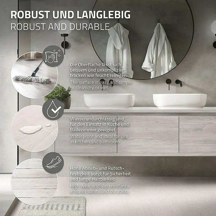ML-Design Vinylboden 2 x Paket Klebevinylboden ( 32 Stück = 4,46 m² ) - Weiß, Landhausdiele - Dieses Bild zeigt ein robustes und langlebiges Produkt, das wasserdicht, leicht zu reinigen und rutschfest ist.