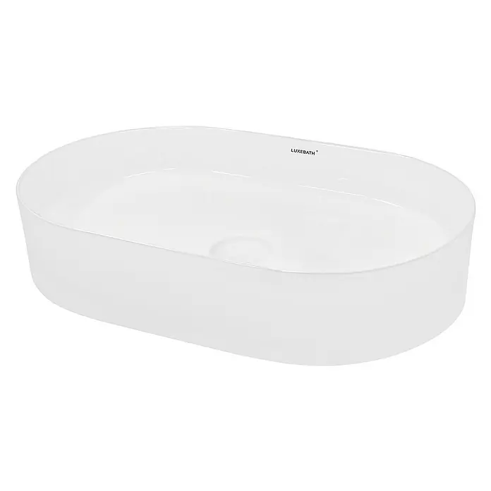 LuxeBath Aufsatzwaschbecken Oval 605x380x125 mm Ablaufgarnitur Chrom - Ohne Spezialglasur, Weiß - Das Bild zeigt ein ovales, weißes Aufsatzwaschbecken von Luxebath mit glatter Oberfläche und einem modernen Design für Badezimmer.