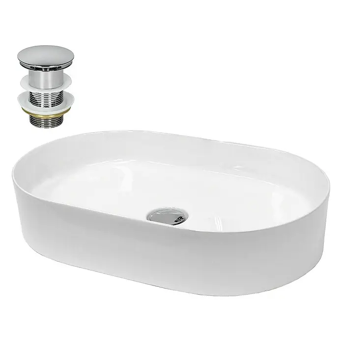 LuxeBath Aufsatzwaschbecken Oval 605x380x125 mm Ablaufgarnitur Chrom - Ohne Spezialglasur, Weiß - Weißes Aufsatzwaschbecken mit passendem Ablaufventil für ein modernes Badezimmerdesign.