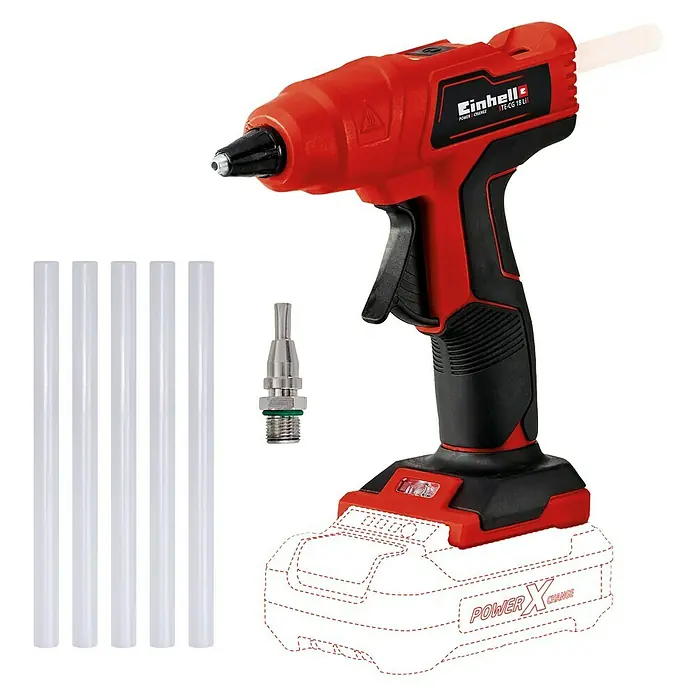 Einhell Power X-Change 18V Akku-Heißklebepistole TE-CG 18 Li-Solo - 18 V, Ohne Akku, Durchmesser Klebepatrone: 11 mm - Akku-Heißklebepistole Einhell TE-CG 18 Li mit Klebesticks und Düse. Ideal für Hobby und Handwerk, kabellose Freiheit dank Akkubetrieb.