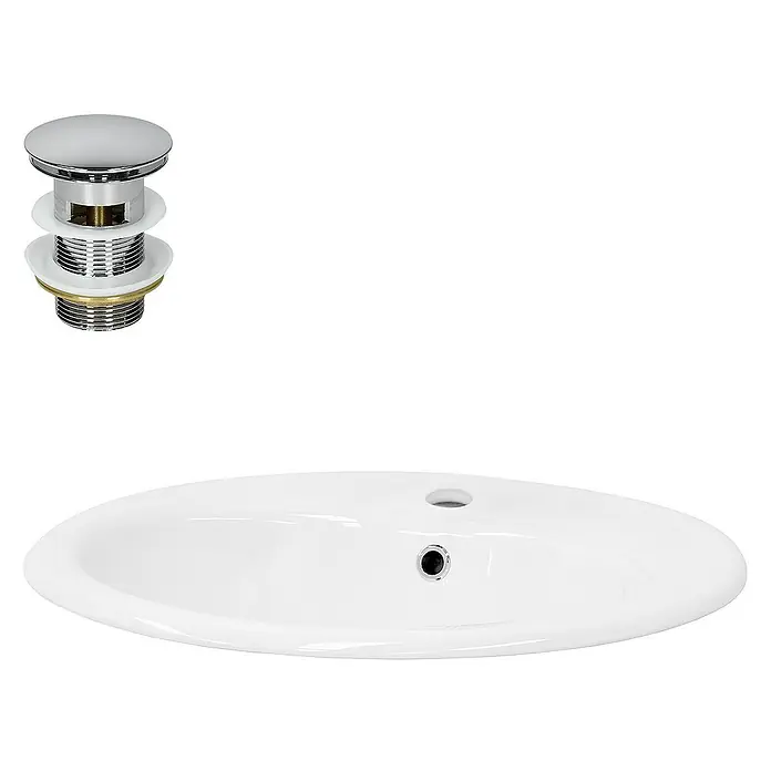 LuxeBath Aufsatzwaschbecken Keramik mit Ablaufgarnitur Waschbecken mit Überlauf - 48,5 x 57 cm, Hahnloch: Mitte, Ohne Überlauf, Weiß, Silber - Bild einer Waschtischplatte mit Pop-Up Ablaufgarnitur. Das moderne Design macht es zu einer eleganten Ergänzung für jedes Badezimmer.
