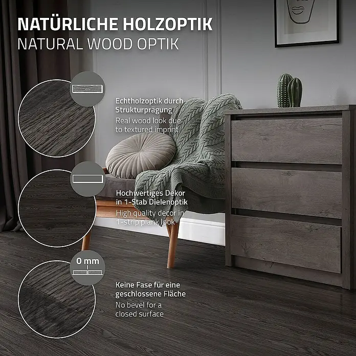 ML-Design Vinylboden 1 x Paket Klebevinylboden ( 16 Stück = 2,23 m² ) - Dunkelgrau, Landhausdiele - Detailaufnahme eines Bodens in Holzoptik, der durch seine natürliche Maserung und die fugenlose Oberfläche besticht.