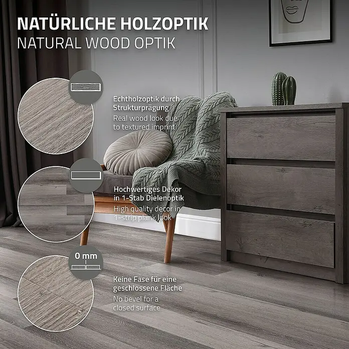 ML-Design Vinylboden 5 x Paket Klebevinylboden ( 80 Stück = 11,15 m² ) - Grau, Landhausdiele - Nahaufnahme des natürlichen Holzoptik-Bodens, der die Textur und die 1-Stab-Dielenoptik hervorhebt, ideal für modernes Design.