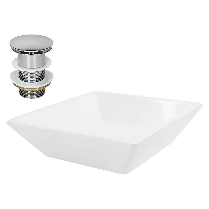 LuxeBath Aufsatzwaschbecken Handwaschbecken Weiß inkl. Ablaufgarnitur ohne Überlauf - Ohne Spezialglasur, Weiß, Silber - Weißes, quadratisches Waschbecken mit passendem Ablaufventil für ein stilvolles Badezimmerdesign.