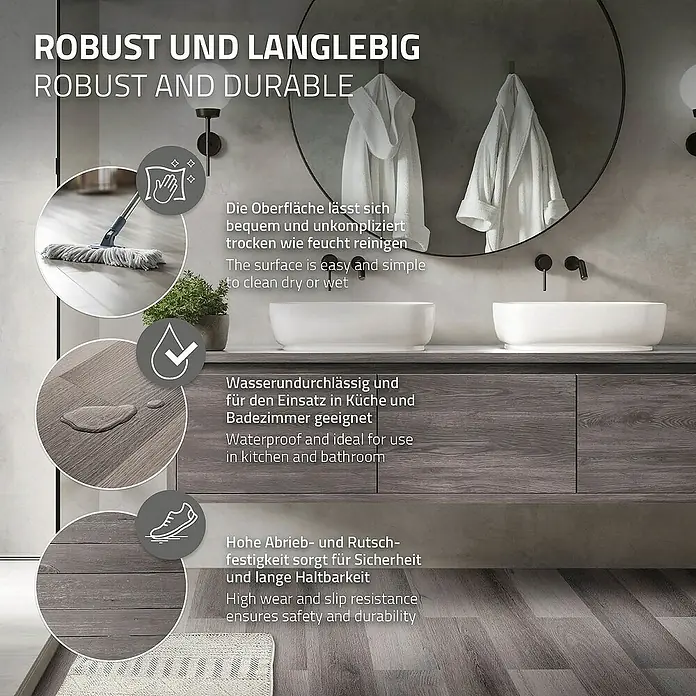 ML-Design Vinylboden 5 x Paket Klebevinylboden ( 80 Stück = 11,15 m² ) - Grau, Landhausdiele - Das Bild zeigt ein langlebiges und robustes Bodenbelag mit einfacher Reinigung und hoher Rutschfestigkeit.