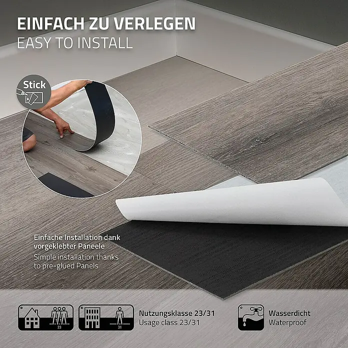 ML-Design Vinylboden 5 x Paket Klebevinylboden ( 80 Stück = 11,15 m² ) - Grau, Landhausdiele - Bild von selbstklebenden Bodenfliesen mit einfacher Anbringung und wasserdichter Oberfläche.