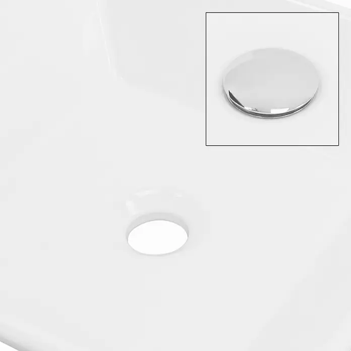 LuxeBath Aufsatzwaschbecken Handwaschbecken Weiß inkl. Ablaufgarnitur ohne Überlauf - Ohne Spezialglasur, Weiß, Silber - Nahaufnahme eines Waschbeckens mit einem runden Abflussstopfen aus Chrom, der separat in einem Kasten dargestellt ist.