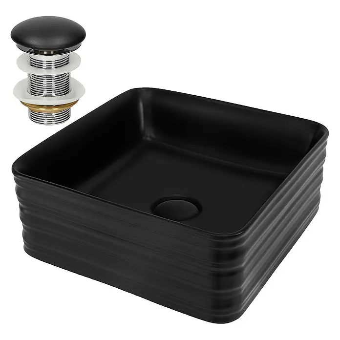 LuxeBath Aufsatzwaschbecken Quadratisch 39x39x15 cm Schwarz Ablaufgarnitur Schwarz - Ohne Spezialglasur, Schwarz - Schwarzes, quadratisches Aufsatzwaschbecken mit Rillenstruktur und passendem Ablaufventil für moderne Badezimmer.